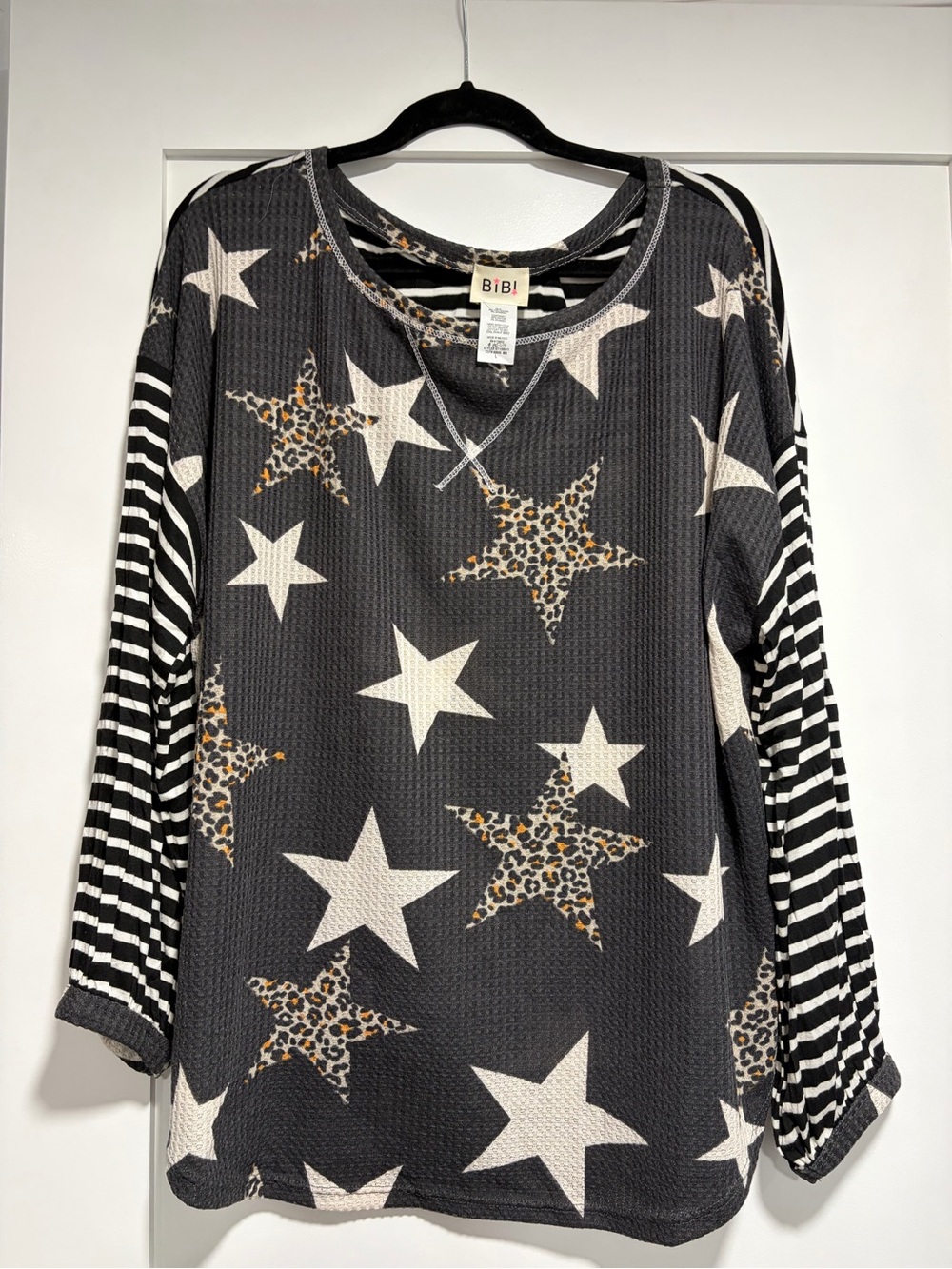 BiBi Black Star Print Waffle Knit Long Sleeve Top with Striped Sleeves